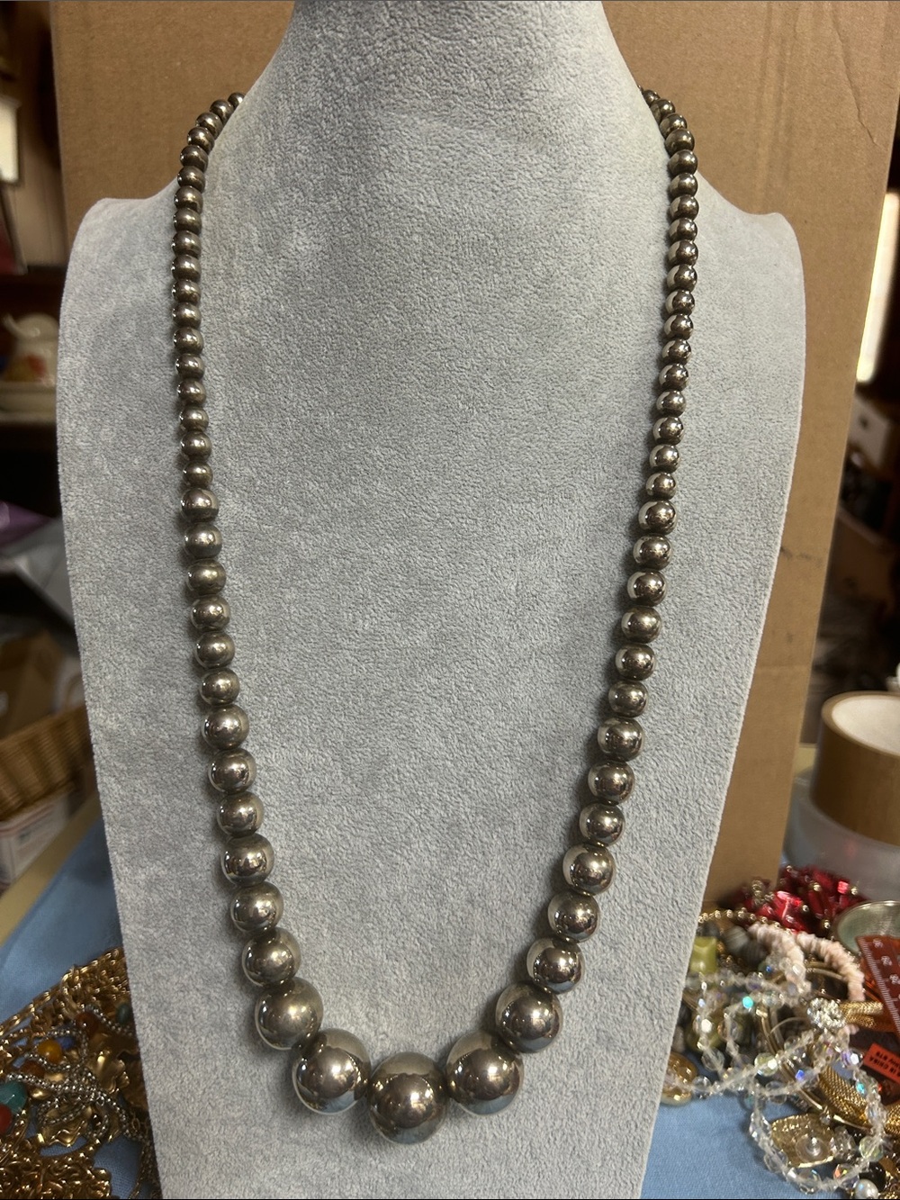 Sterling-Look Silver Bead Necklace - Elegant silver Beads marked Korea